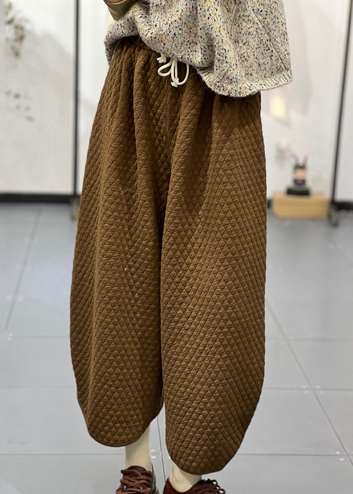 Boutique Apricot Elastic Waist Fine Cotton Filled Wide Leg Pants Winter