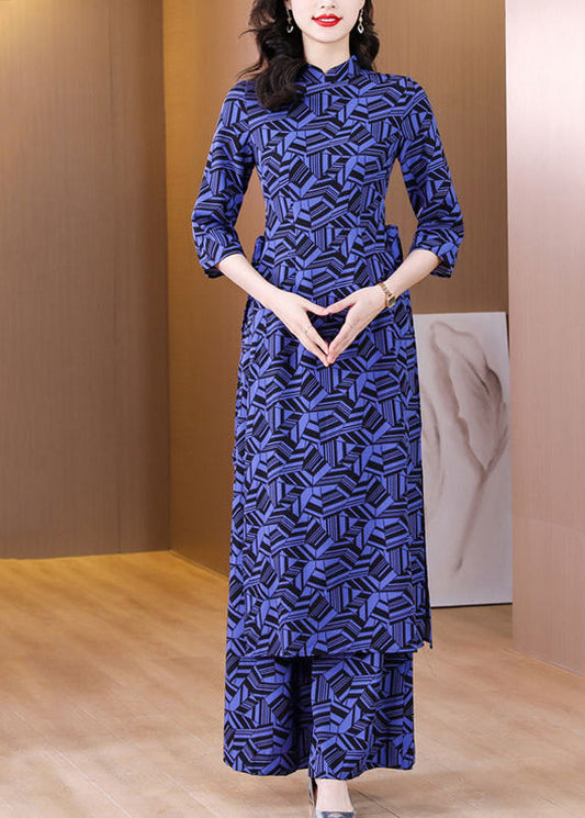 Italian Navy Print Side Open Chiffon Two Piece Set Clothing Spring