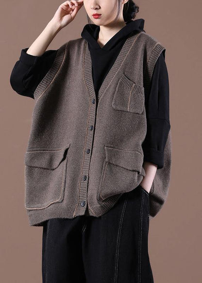 Spring New Chocolate Korean Large Multi Pocket Knitted Vest
