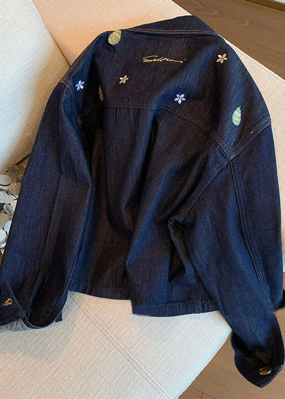 Navy Peter Pan Collar Embroidered Denim Coat Fall