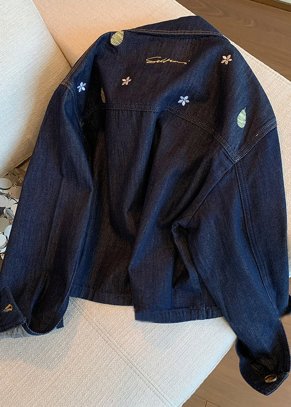 Navy Peter Pan Collar Embroidered Denim Coat Fall