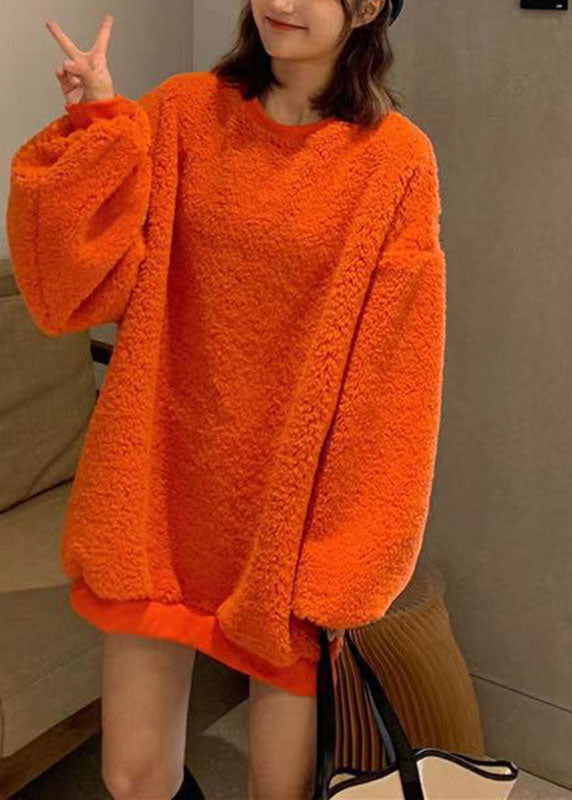 Loose Orange O-neck Thick Teddy Faux Fur Pullover Long Sleeve