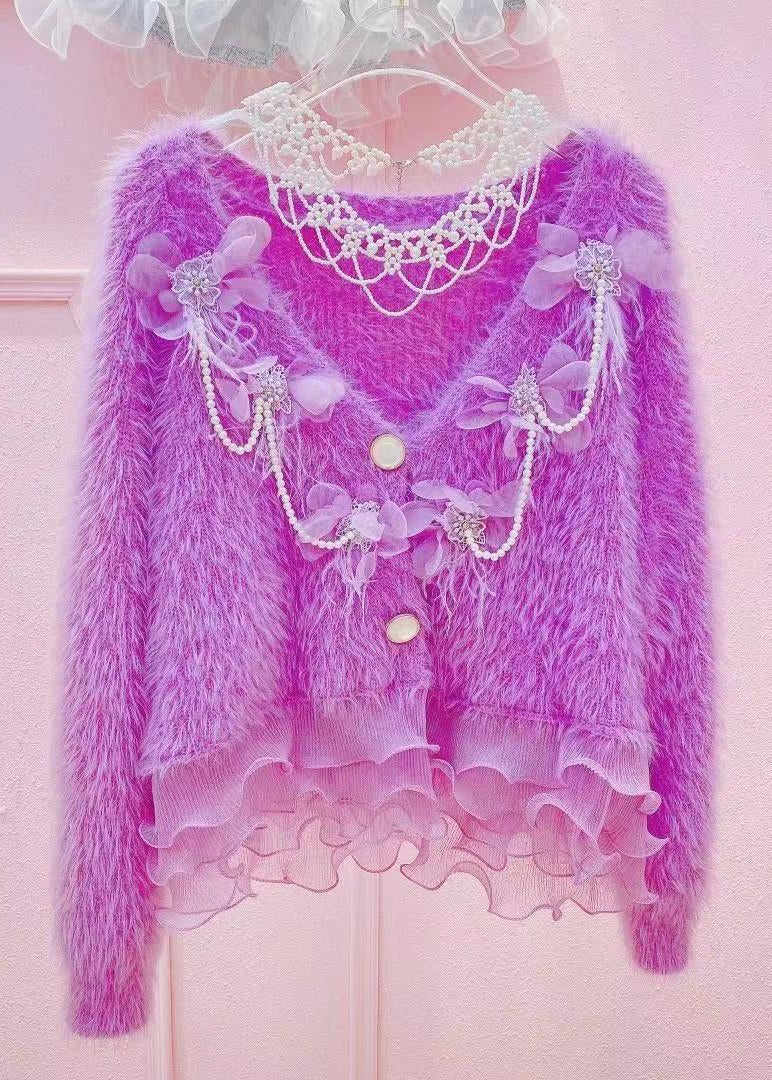 Purple V Neck Nail Bead Ma Hai Mao Sweaters Long Sleeve