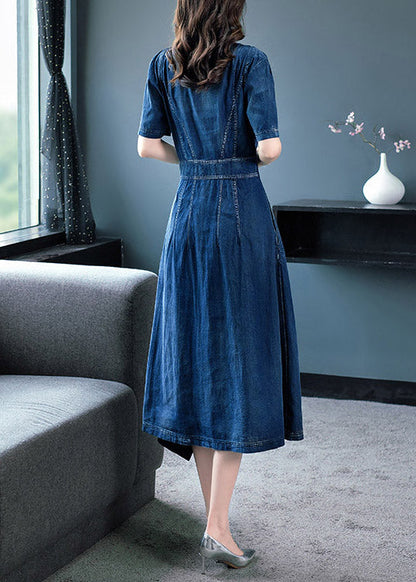 Classy Blue O-neck Asymmetrical Patchwork Cotton Holiday Denim Maxi Dress Short Sleeve