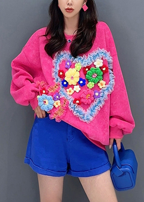 Rose O Neck Tullepatchwork Cotton Sweatshirt Long Sleeve