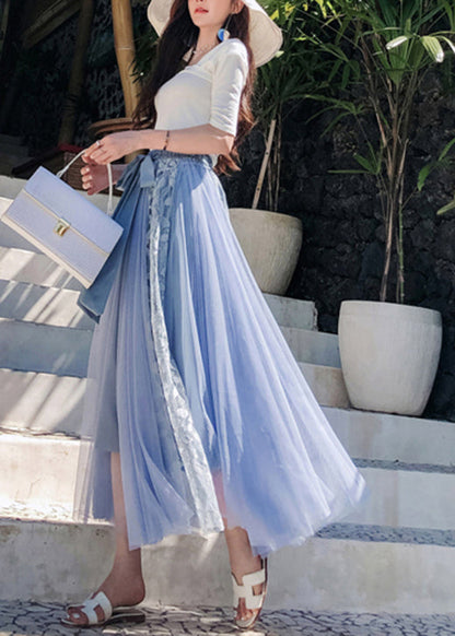 Blue Cinched Patchwork Tulle Skirts Spring