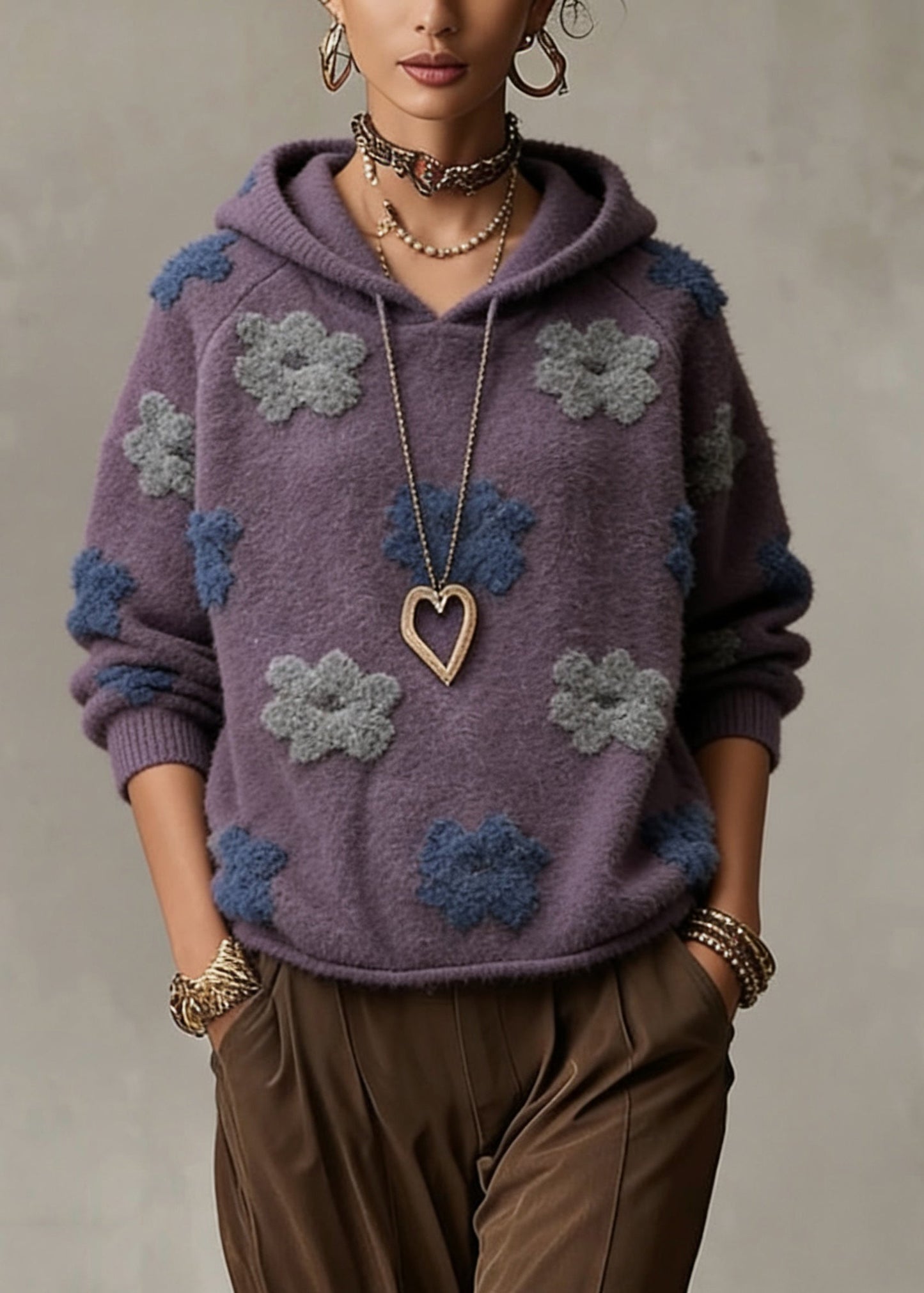 Purple Hooded Cotton Knit Sweaters Spring
