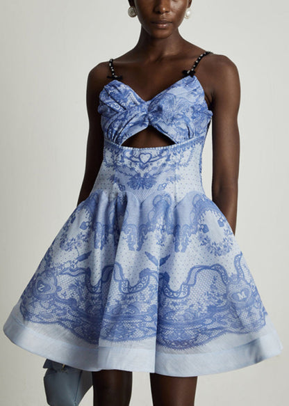 Blue Print Hollow Out Cotton Spaghetti Strap Dress Sleeveless