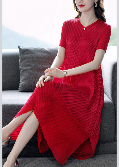 Red Color V Neck Wrinkled Silk Long Dress Short Sleeve