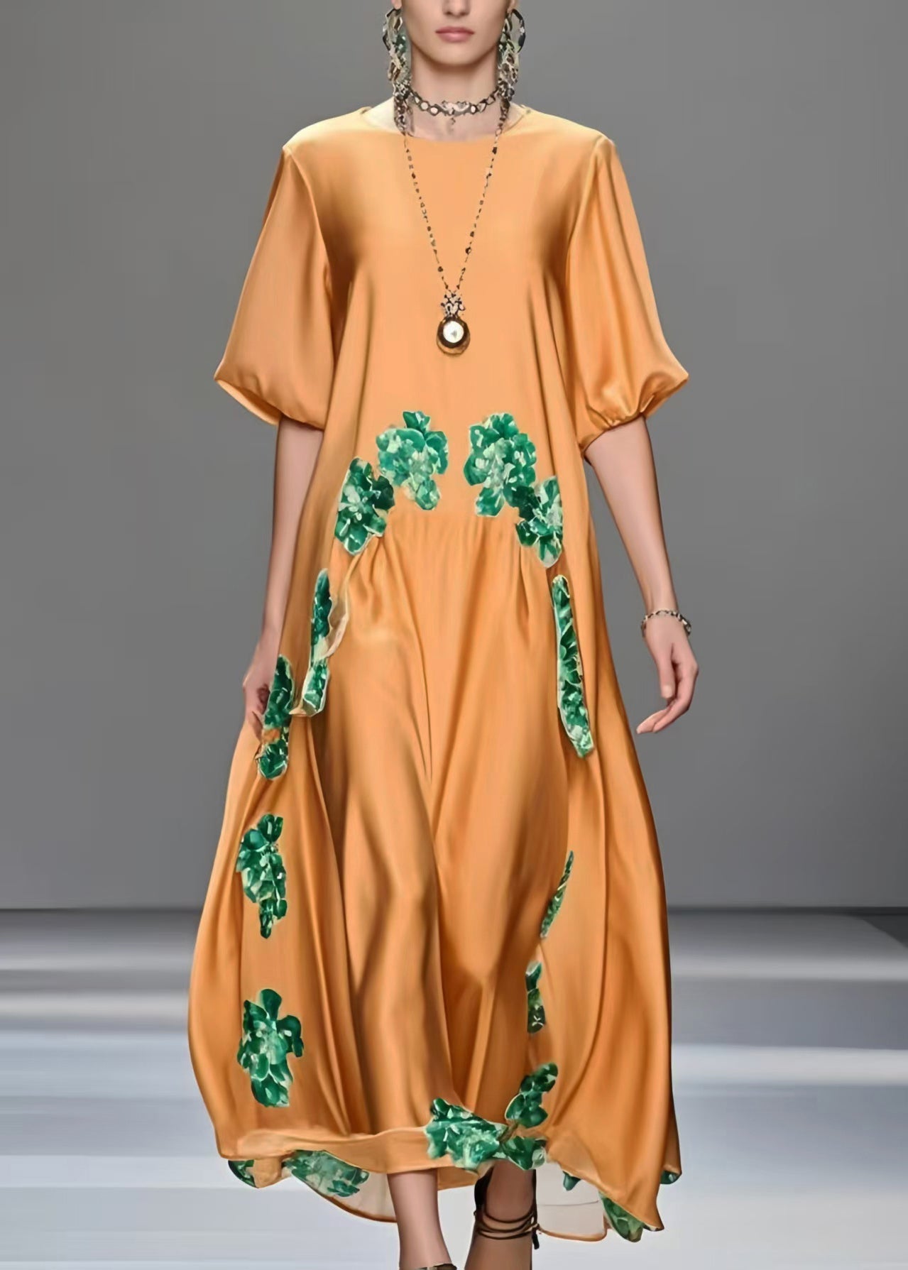 Orange Oversized Print Silk Maxi Dresses Half Sleeve