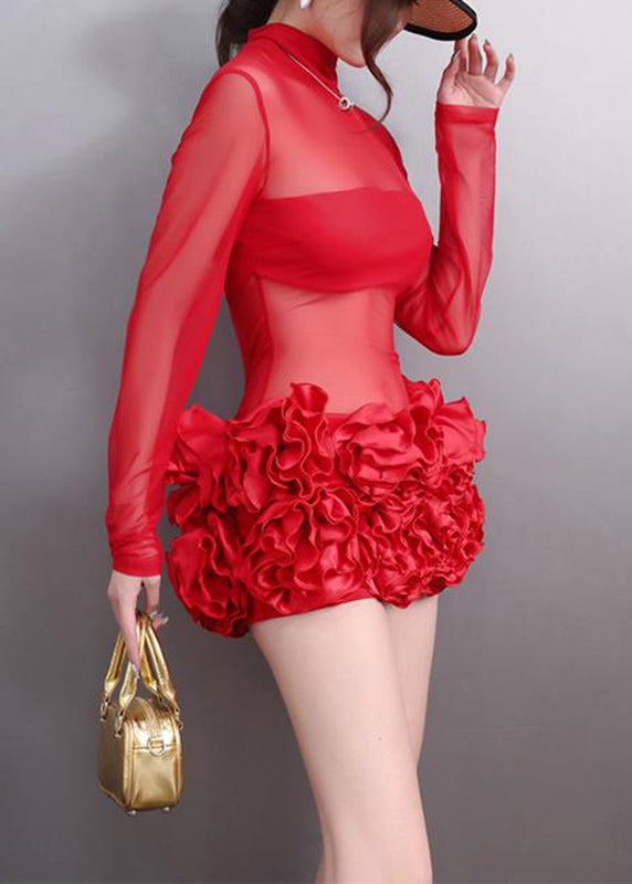 Red Patchwork Sheer Tulle Holiday Mid Dress Fall