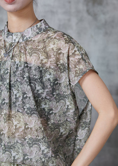Stand Collar Print Chiffon Sets 2 Pieces Summer