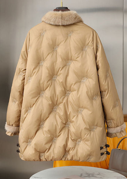 Khaki Peter Pan Collar Chinese Button Embroideried Cotton Filled Coats Winter