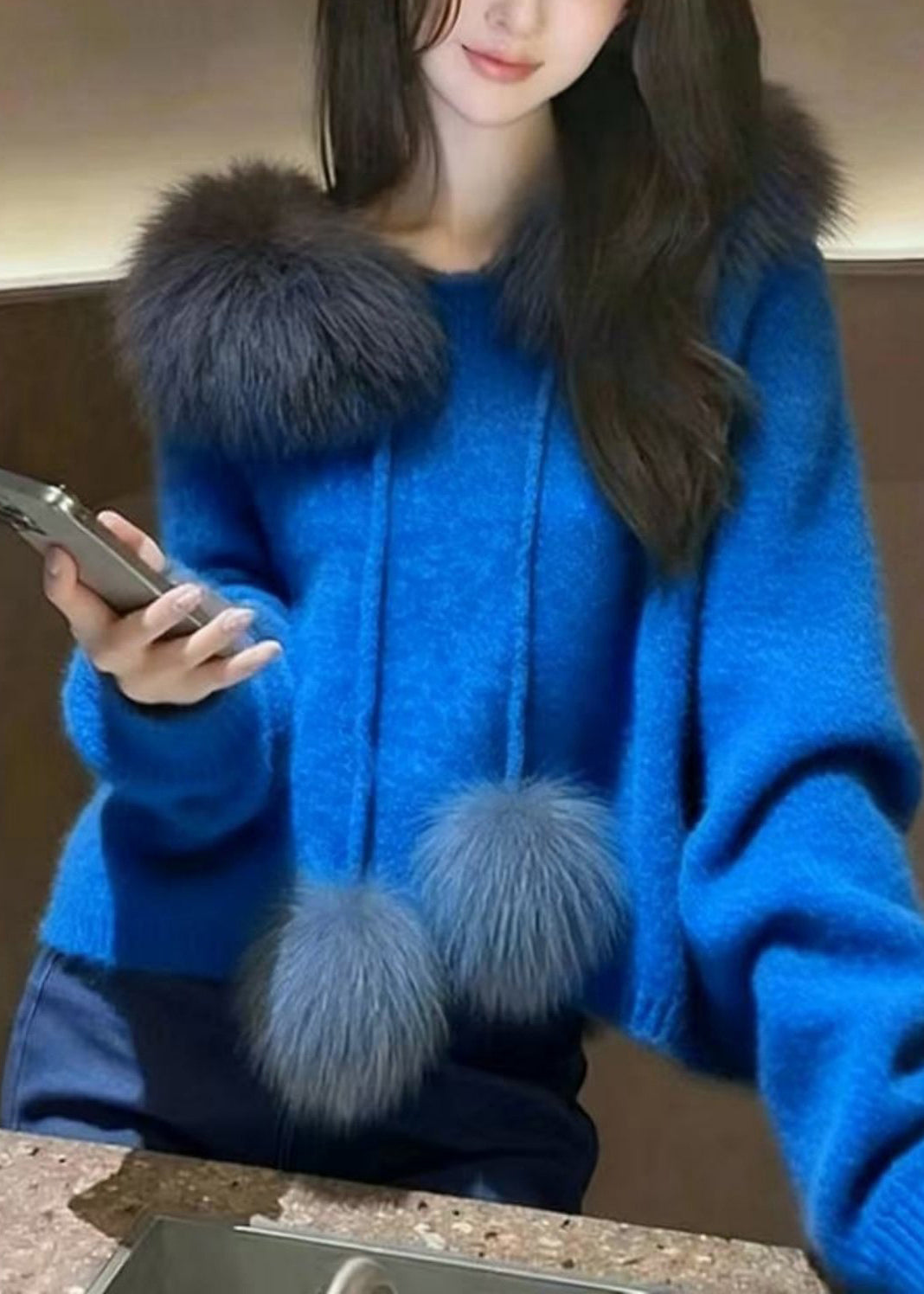 Blue Oversized Patchwork Fuzzy Ball Decorated Knit Pullover Spring