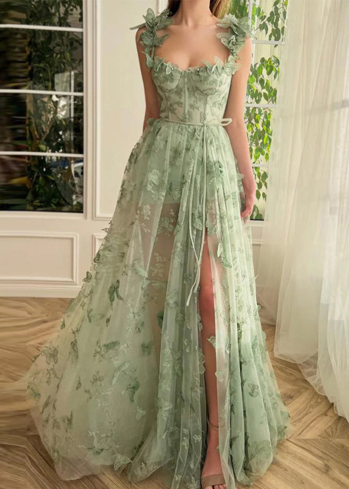 Green Butterfly Side Open Tulle Maxi Dresses Sleeveless Summer