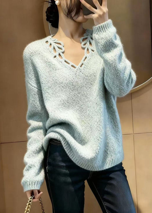 Fine Sky Blue V Neck Hollow Out Knit Pullover Winter