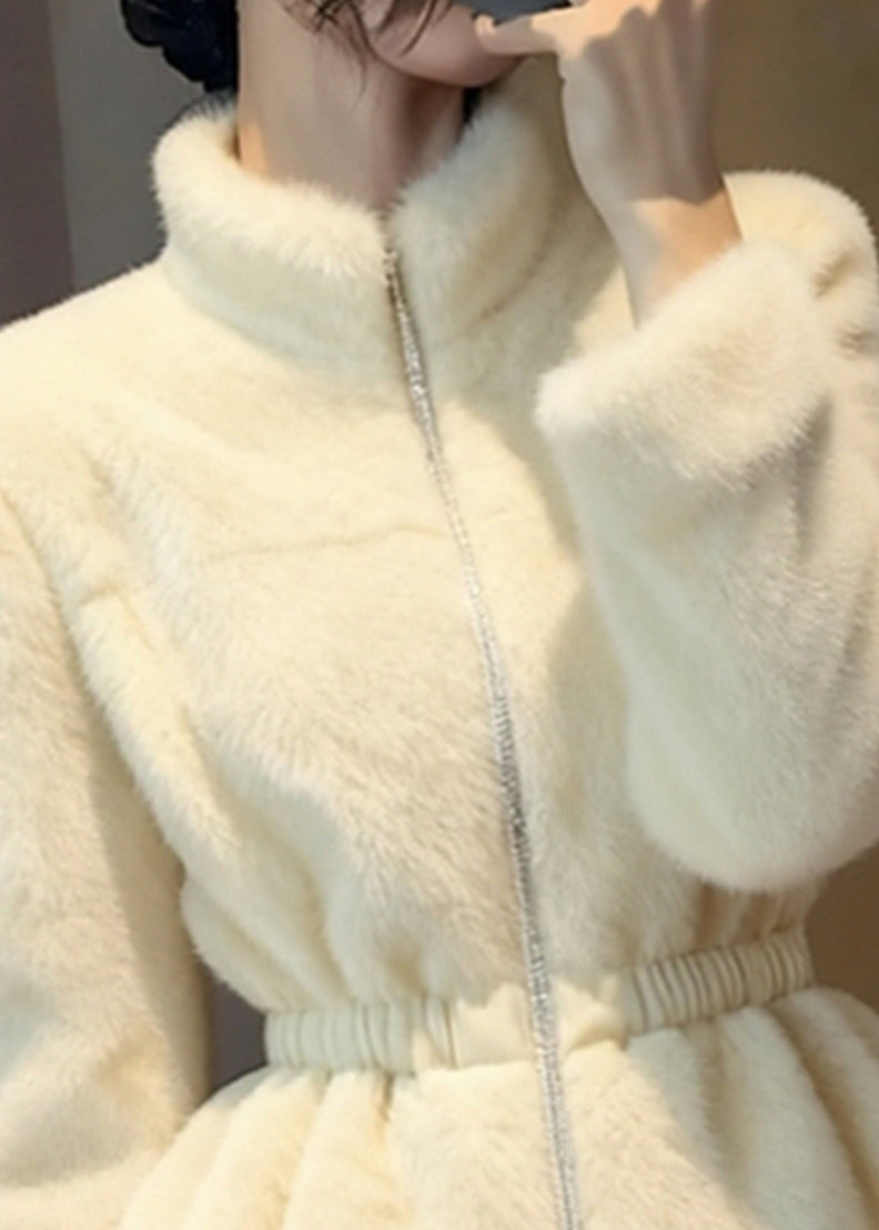 Beige Patchwork Elastic Waist Mink Hair Coats Winter
