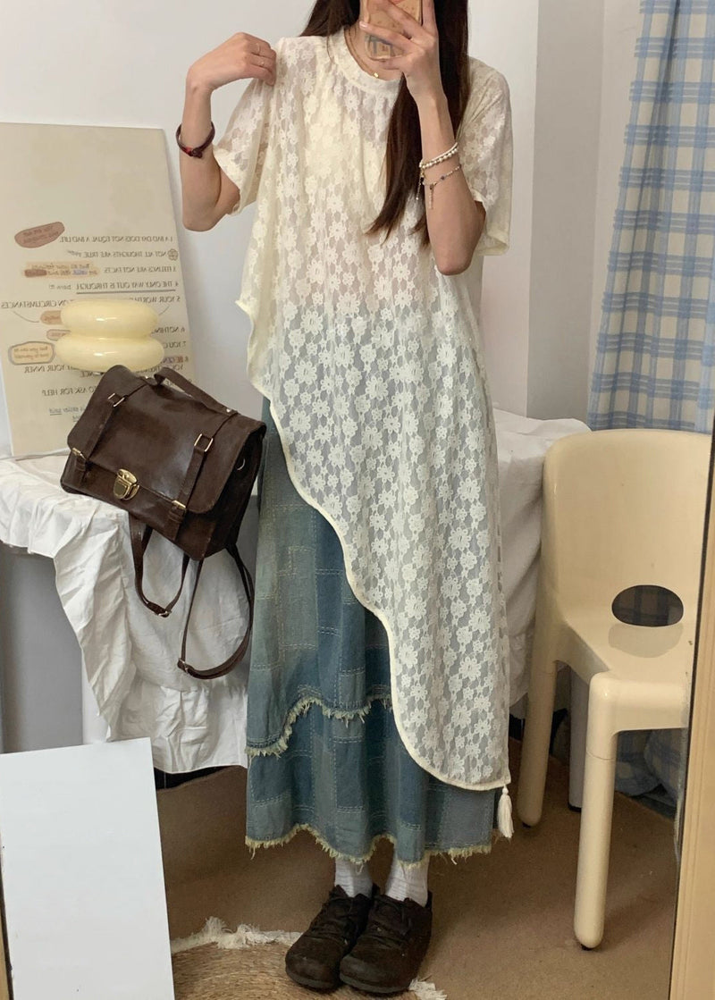 Blue Asymmetrical Lace Up Denim Three Piece Set Summer