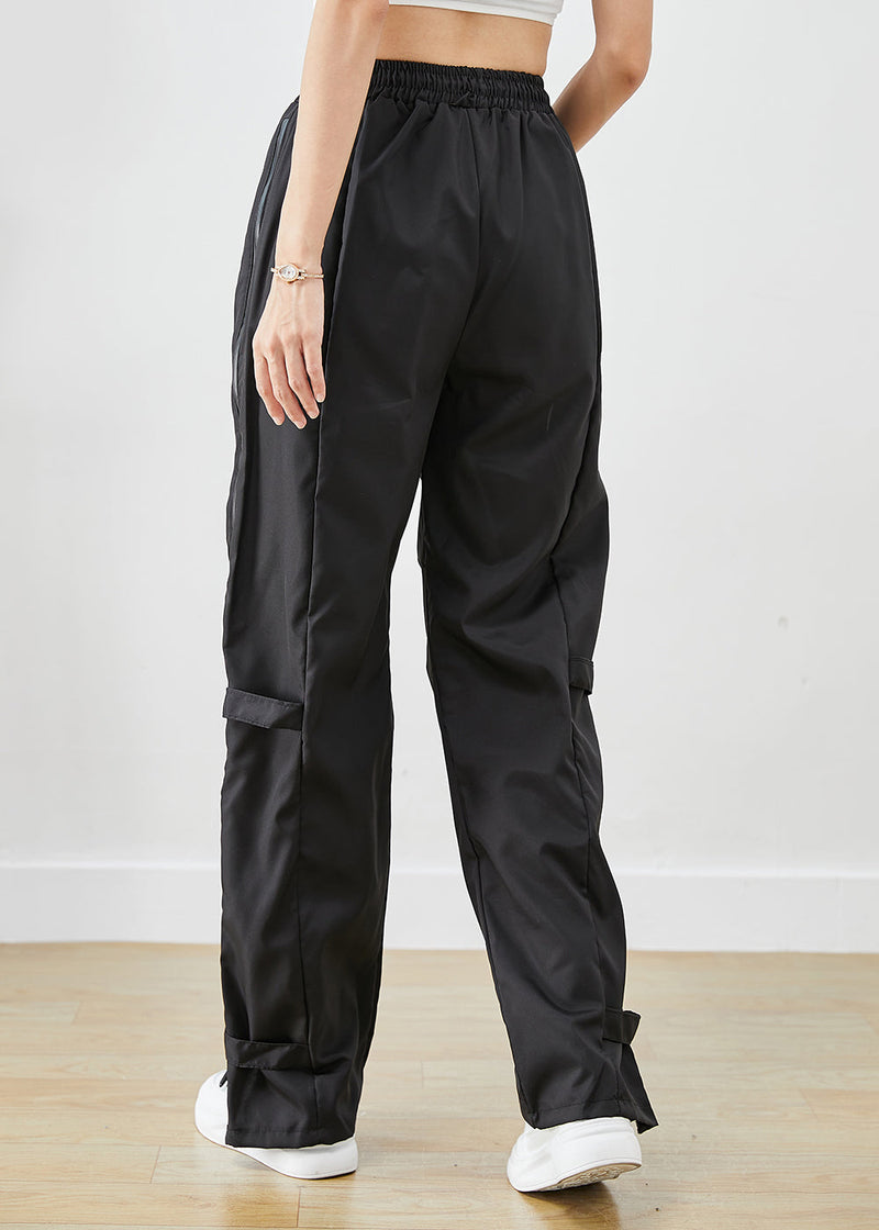 Black Zip Up Patchwork Pockets Spandex Overalls Pants Fall