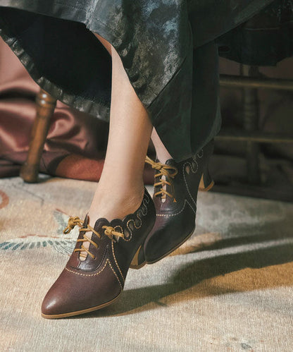 Brown Cowhide Leather High Heels Splicing Hollow Out Lace Up