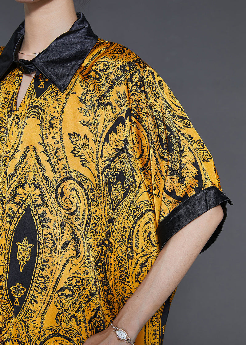 Style Yellow Oversized Print Silk Two Pieces Set Summer
