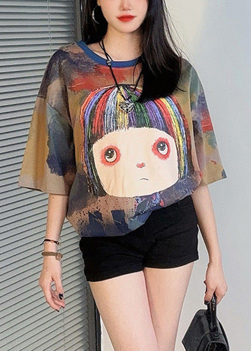 Khaki O Neck Print Cotton T Shirt Half Sleeve
