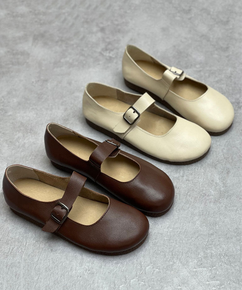 Chocolate Cowhide Leather Flat Shoes for Buckle Strap Flat Shoes for