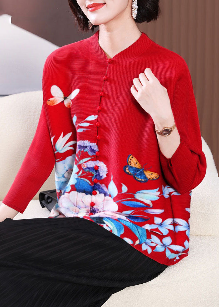 Red O-neck Print Button Tops Fall