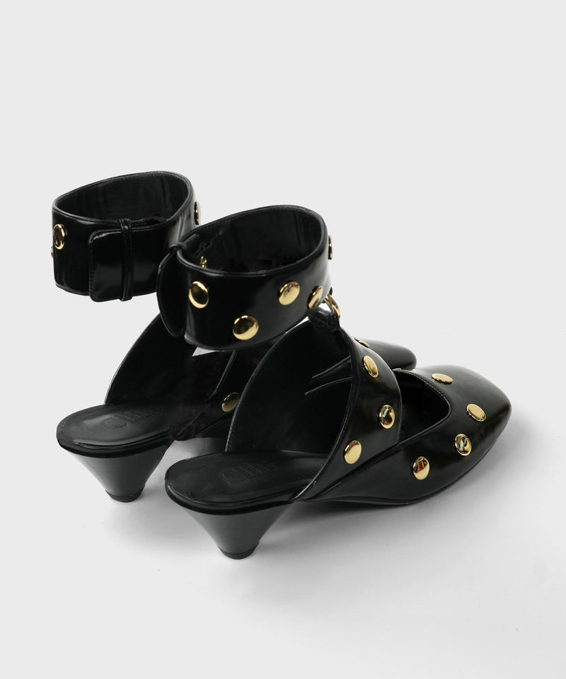 White Rivet Splicing Faux Leather Hollow Out Chunky Heels