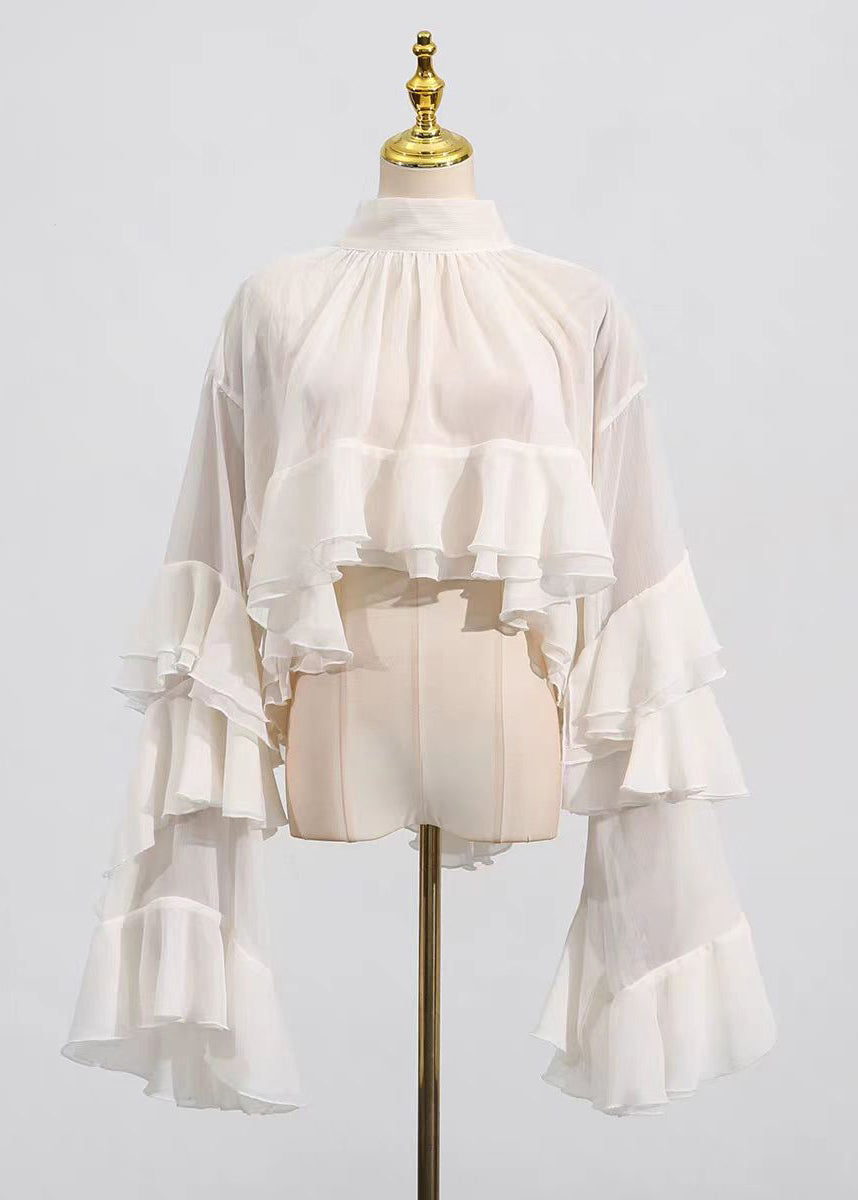 Beige Hign Neck Ruffled Patchwork Tulle Top Flare Sleeve