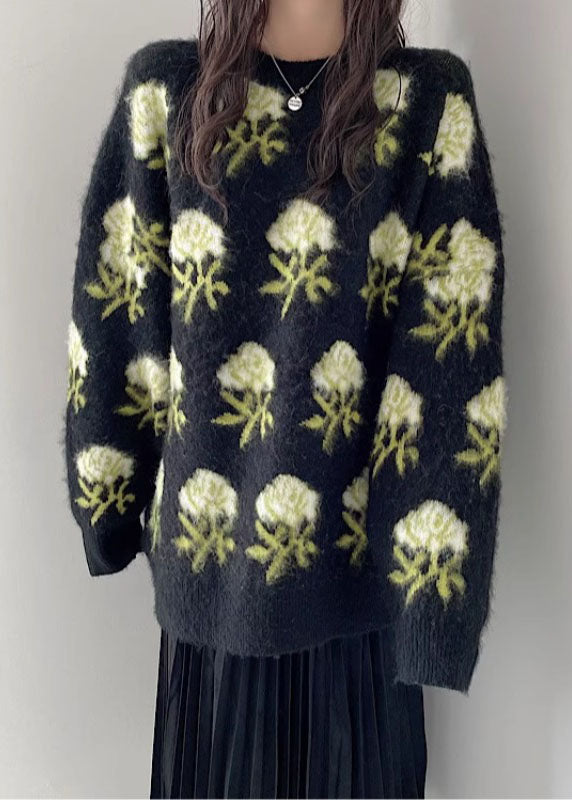 Black O-neck Cozy Ma Hai Mao Knit Sweaters Long Sleeve