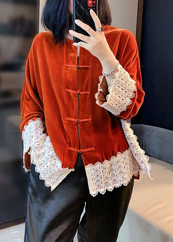 Orange Lace Patchwork Silk Velour Coats Long Sleeve