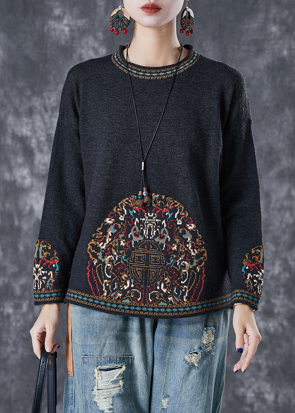 Black O-neck Print Cotton Blouses Fall