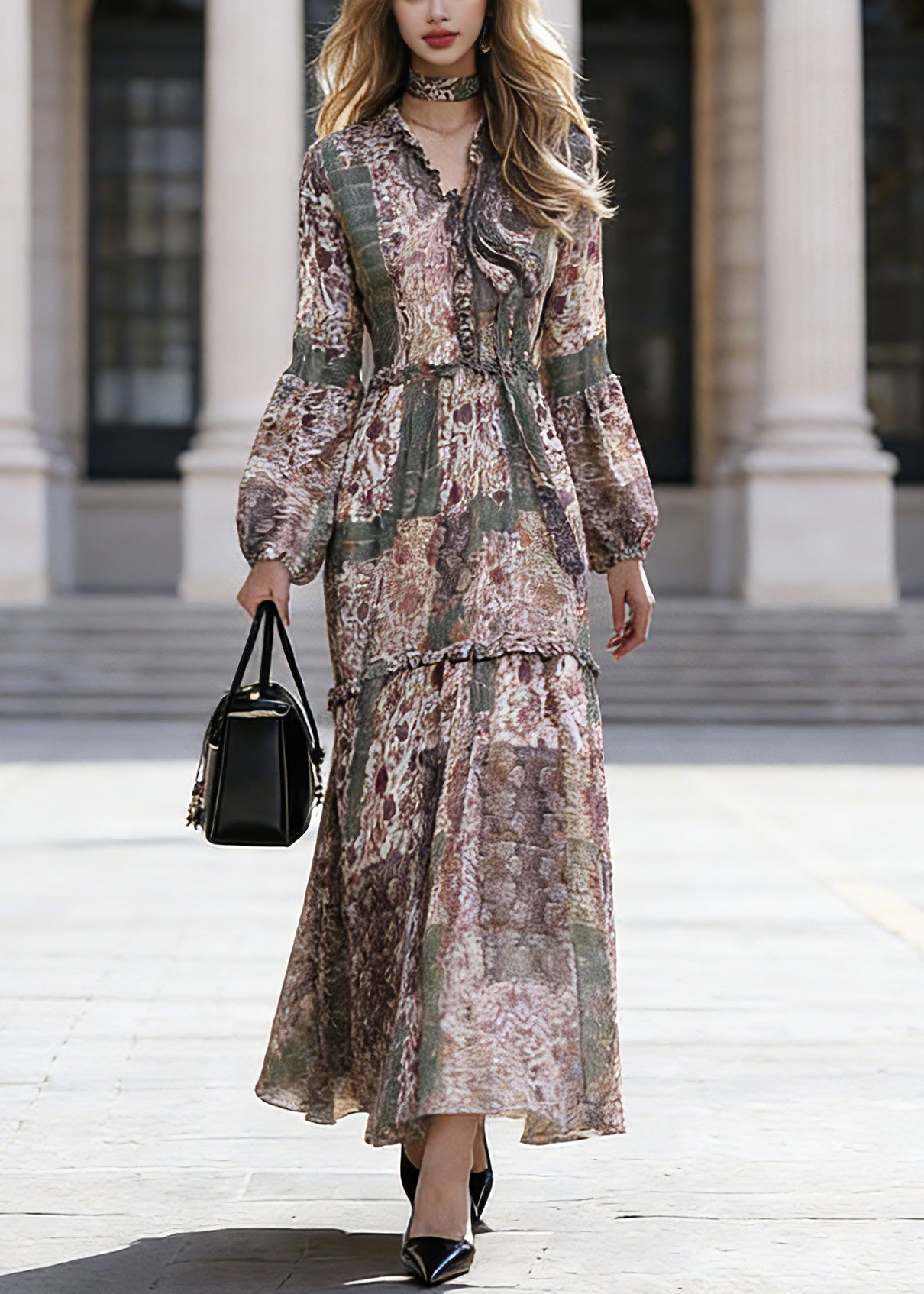 Green Ruffled Patchwork Chiffon Vacation Maxi Dresses Spring