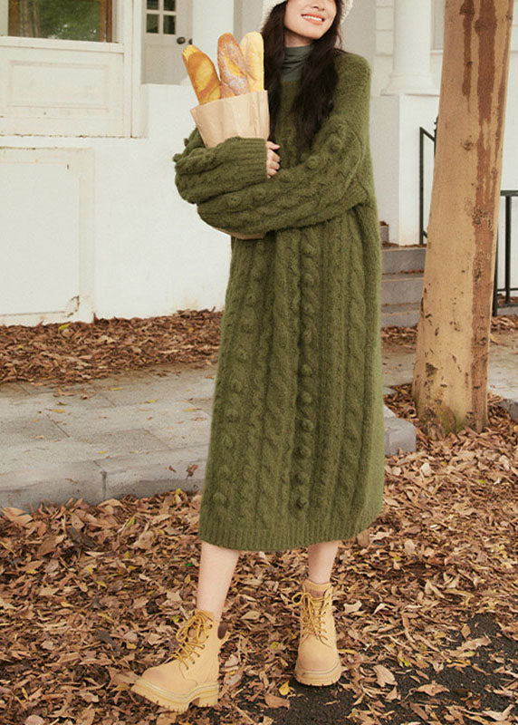 Natural Purplish Red O-neck Cable Cotton Knit Sweater Maxi Dress Long Sleeve