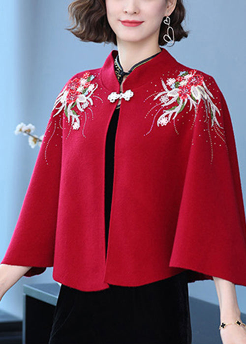 Wine Red Stand Collar Embroideried Patchwork Woolen Coats Fall