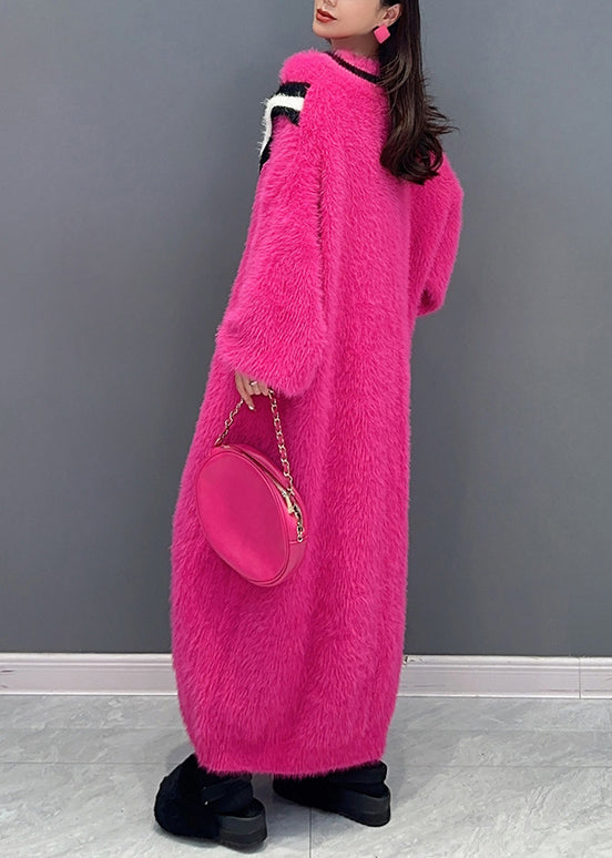 New Rose V Neck Patchwork Mink Velour Maxi Dresses Long Sleeve