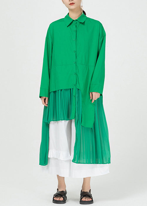 Green Asymmetrical Patchwork Cotton Shirts Dresses Spring