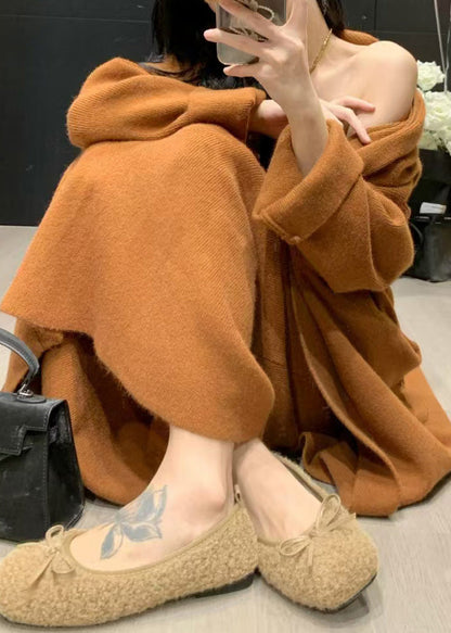 Caramel V Neck Knit Long Coats and Long Dress Two Pieces Set Fall