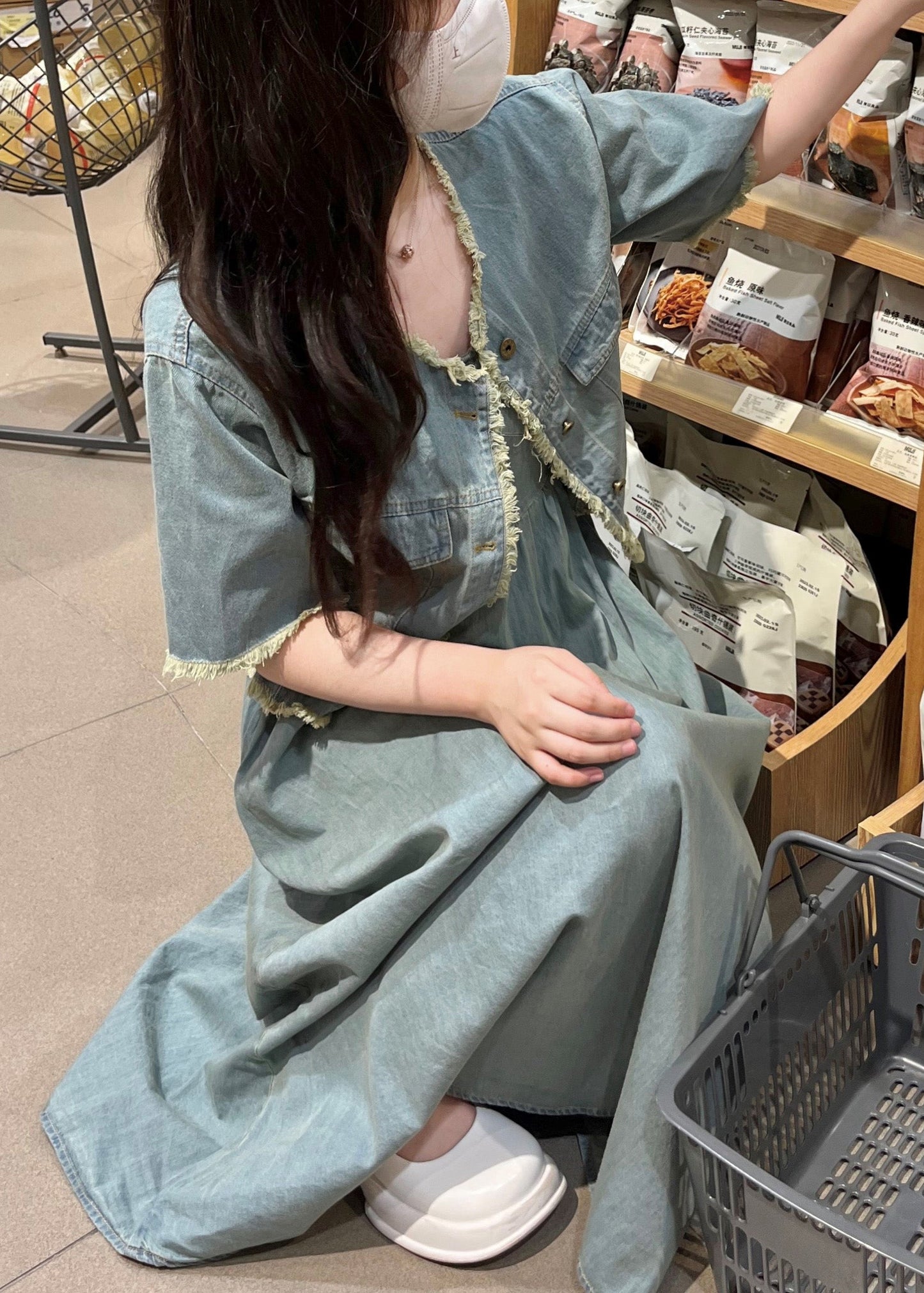 Denim Blue O-neck Patchwork Coats and Long Dress Two Piece Set Short Sleeve