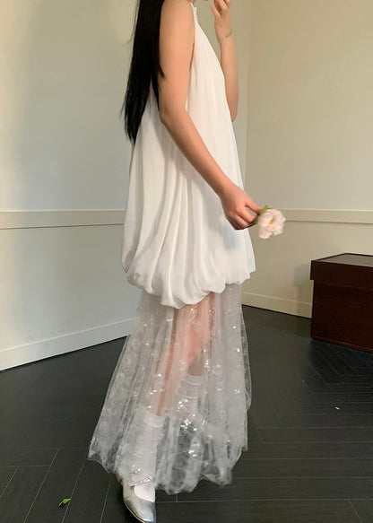 Fine White Wrinkled Patchwork Tulle Holiday Dress Sleeveless