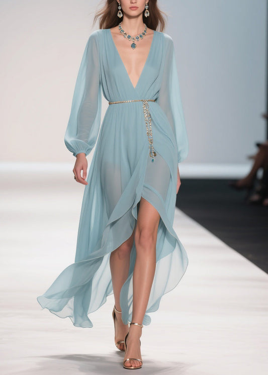 Original Design Pale Mint Blue Low High Design Chiffon Long Dress Spring