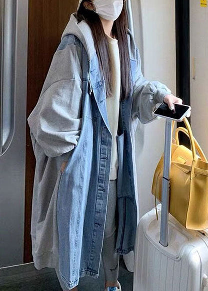 Stylish Blue Hooded Denim Patchwork Cotton Long Coat Spring