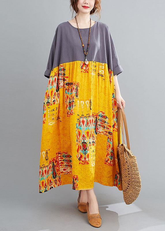 Grey Patchwork Yellow Print O-neck Pockets Summer Party Dresses