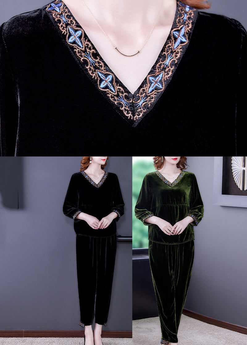 Simple Green Patchwork Silk Velour Pullover and Harem Pants Two Piece Set Fall