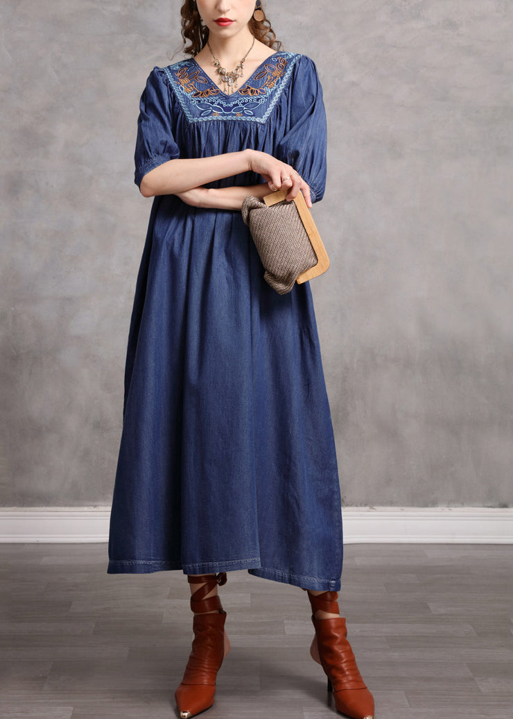 Blue V Neck Embroideried Exra Large Hem Cotton Vacation Dresses Half Sleeve