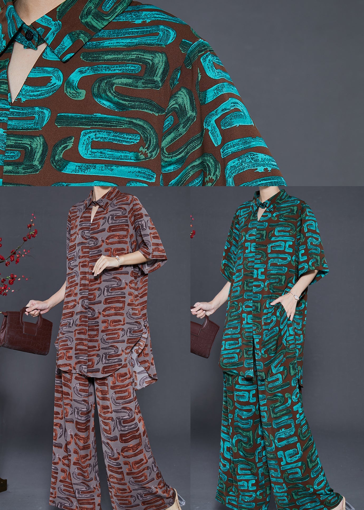 Brown Print Chiffon Two Piece Set Clothing Notched Summer