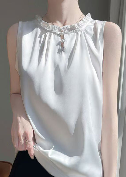 Boutique White Ruffled Button Silk Shirts Sleeveless