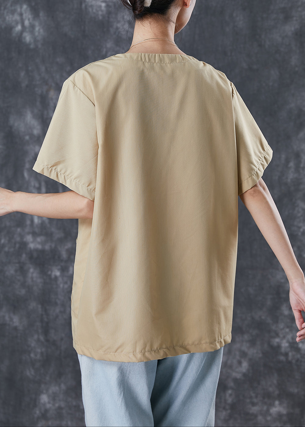 Khaki V Neck Pockets Cotton Shirt Tops Summer