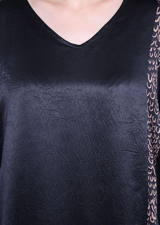 Black Print Patchwork Silk Asymmetrical Design Summer Party Dress